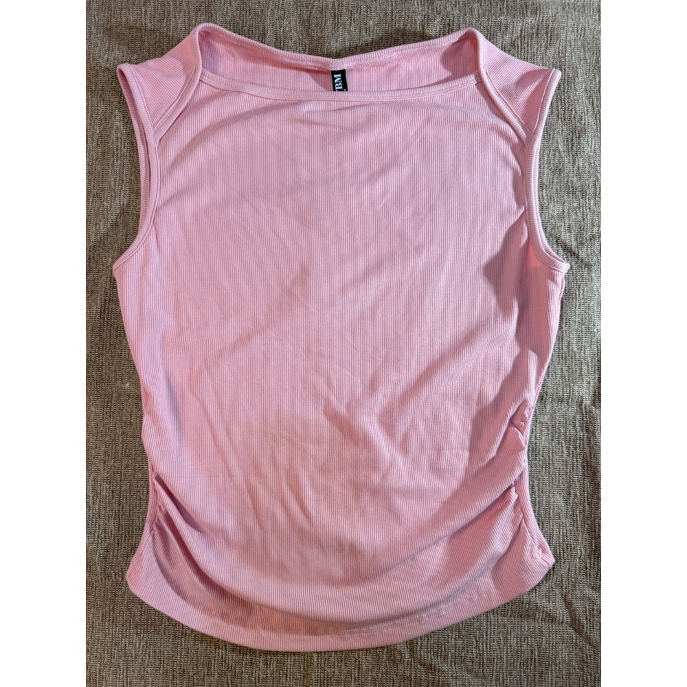 BTFBM Women Pink Ribbed Knit Sleeveless Boat Neck Ruched Side Tank Top Size M